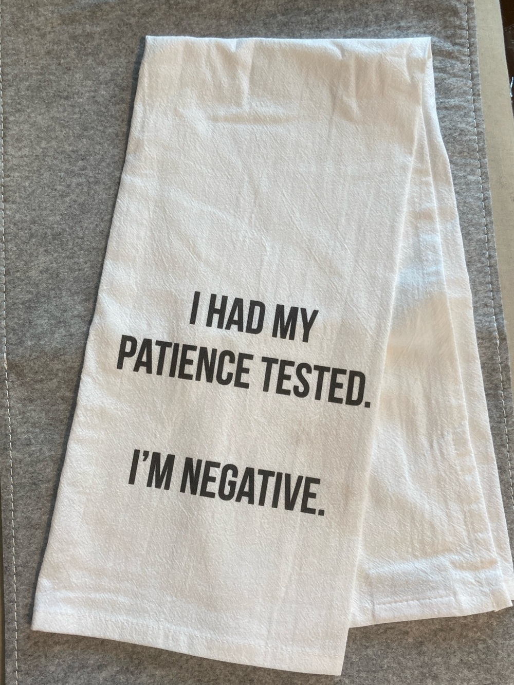 White Novelty Kitchen Towel with Black Text